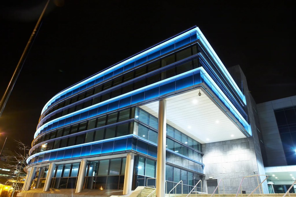 Electric Works illuminated at night