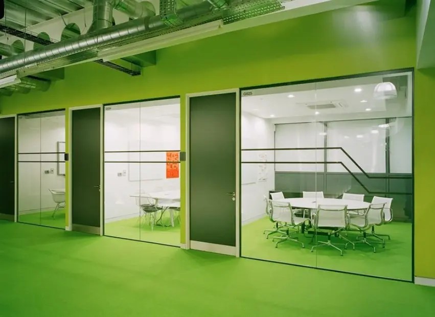 Glass-fronted meeting rooms inside Electric Works