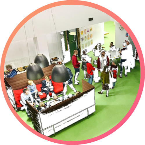 Overhead view of guests networking at a busy event in Electric Works