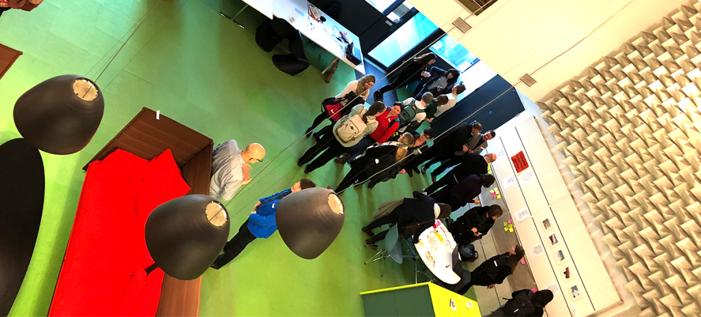 Overhead view of guests gathering in Electric Works